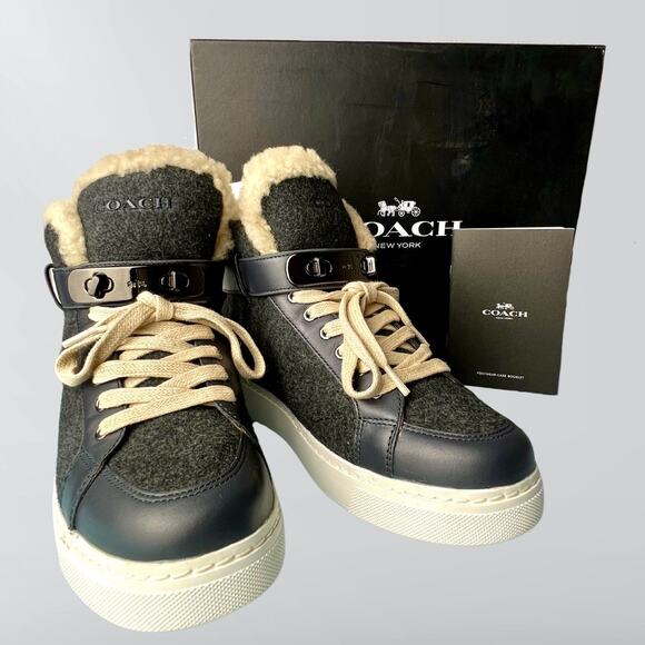 New Coach Richmond Shearling Wool & Leather Heathered Dark Grey High Tops - Picture 1 of 12